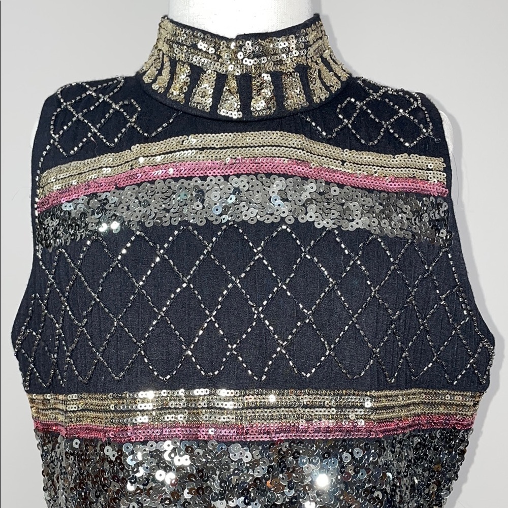 Suzy Sheer Black and Gold Embellished Sequin Cocktail Dress Size Small - Picture 2 of 10